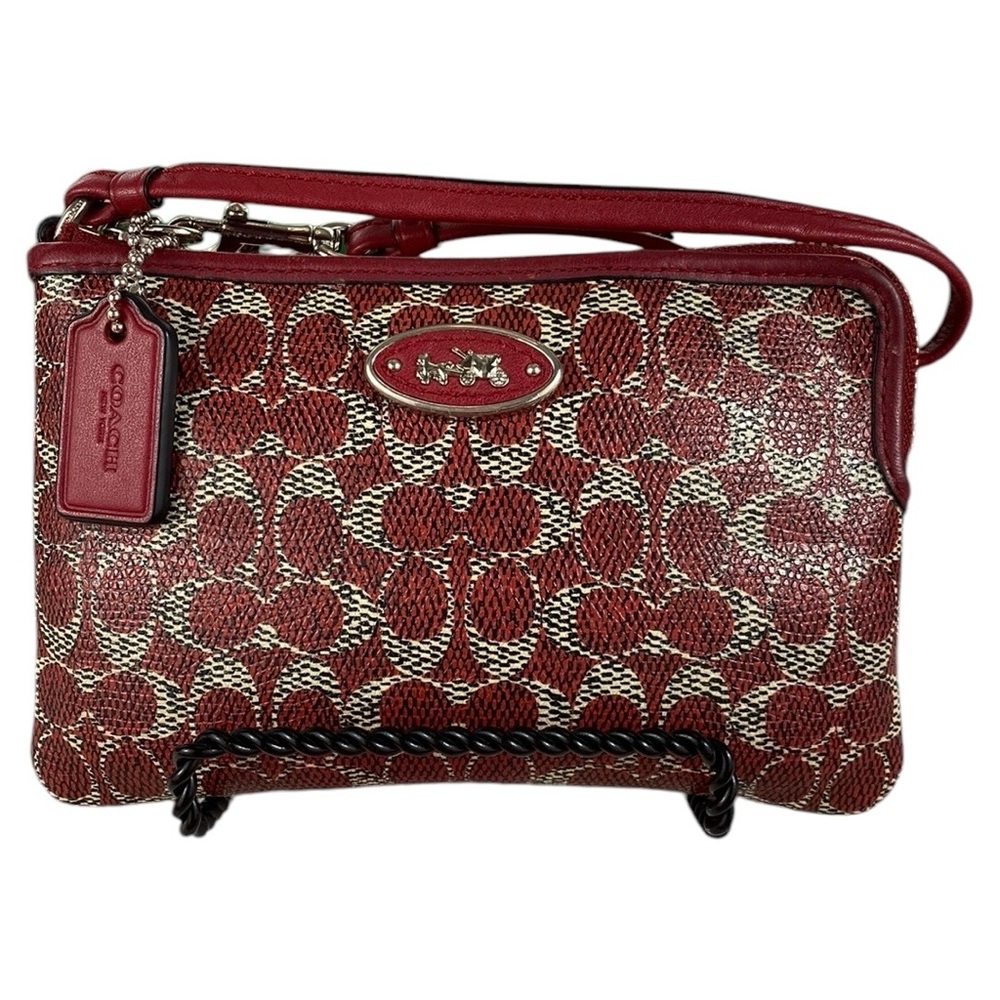 Coach EUC Dark Red and Tan Monogram Corner Zip Wristlet